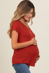 Rust Basic V-Neck Short Sleeve Maternity Top