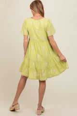 Lime Embroidered Split Neck Maternity Dress