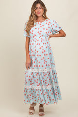 Light Blue Floral Lace Trim Maternity Maxi Dress