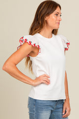 Ivory Embroidered Ruffle Sleeve Top