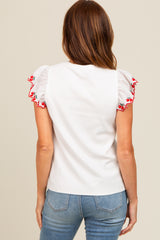 Ivory Embroidered Ruffle Sleeve Top