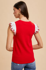 Red Embroidered Ruffle Sleeve Top