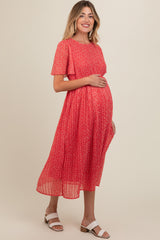 Red Floral Pleated Maternity Midi Dress