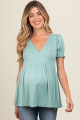 Light Olive Puff Sleeve Crossover Maternity/Nursing Top