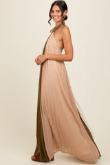 Olive Colorblock Pleated Halter Neck Maxi Dress