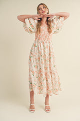 Peach Floral Smocked Puff Sleeve Midi Dress