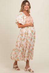 Peach Floral Smocked Puff Sleeve Maternity Midi Dress