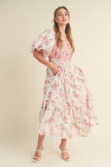 Pink Floral Smocked Puff Sleeve Maternity Midi Dress