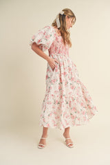 Pink Floral Smocked Puff Sleeve Midi Dress