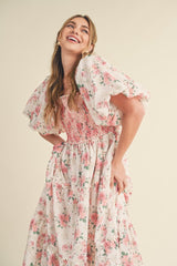 Pink Floral Smocked Puff Sleeve Midi Dress