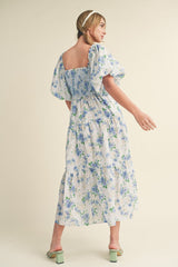 Blue Floral Smocked Puff Sleeve Midi Dress