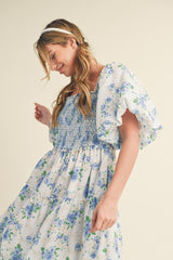 Blue Floral Smocked Puff Sleeve Midi Dress