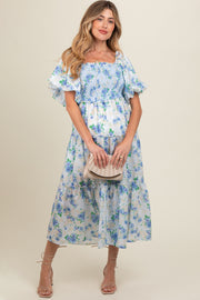 Blue Floral Smocked Puff Sleeve Maternity Midi Dress