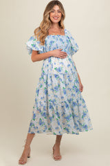 Blue Floral Smocked Puff Sleeve Maternity Midi Dress