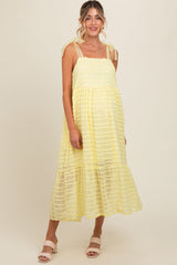 Yellow Textured Shoulder Tie Maternity Midi Dress