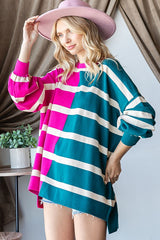 Fuchsia Striped Colorblock Dolman Knit Top