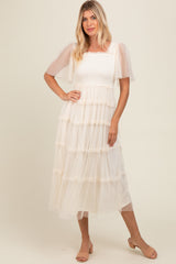 Beige Ruffled Mesh Maternity Maxi Dress