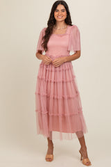 Pink Ruffled Mesh Maternity Maxi Dress