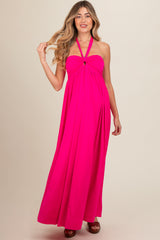 Fuchsia Front Knot Halter Maternity Maxi Dress