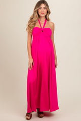 Fuchsia Front Knot Halter Maternity Maxi Dress