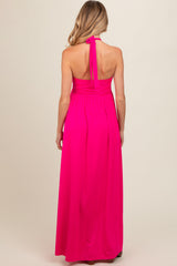 Fuchsia Front Knot Halter Maternity Maxi Dress