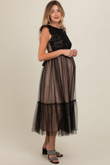 Black Lace Contrast Tulle Maternity Maxi Dress