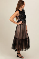 Black Lace Contrast Tulle Maxi Dress