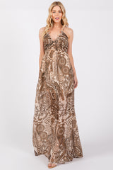 Brown Printed Halter Cutout Maternity Maxi Dress