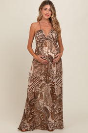 Brown Printed Halter Cutout Maternity Maxi Dress