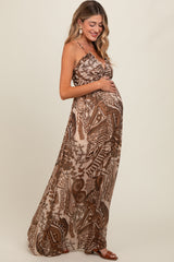 Brown Printed Halter Cutout Maternity Maxi Dress