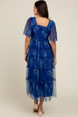 Blue Floral Smocked Tulle Maxi Dress