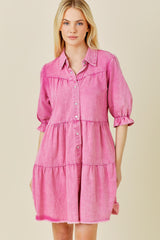 Pink Denim Tiered Button Down Dress