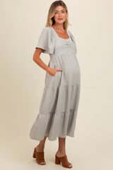 Light Olive Sweetheart Neck Short Puff Sleeve Tiered Maternity Midi Dress