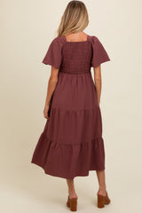 Burgundy Sweetheart Neck Short Puff Sleeve Tiered Maternity Midi Dress