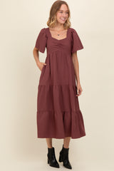 Burgundy Sweetheart Neck Short Puff Sleeve Tiered Midi Dress