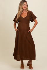 Brown Smocked V-Neck Short Puff Sleeve Textured Maternity Midi Dress