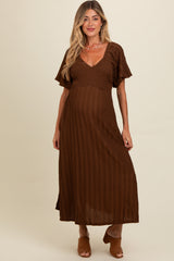 Brown Smocked V-Neck Short Puff Sleeve Textured Maternity Midi Dress