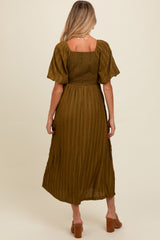 Olive Smocked V-Neck Short Puff Sleeve Textured Maternity Midi Dress