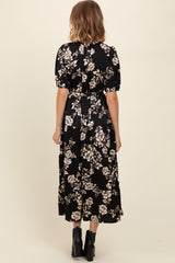 Black Floral Button Down Front Tie Midi Dress