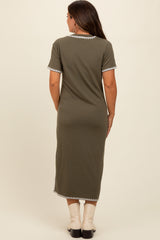 Olive Green Ribbed Embroidered Trim Short Sleeve Maternity Midi Dress