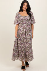 Taupe Floral Square Neck Short Puff Sleeve Maternity Midi Dress