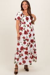 Cream Floral Square Neck Short Puff Sleeve Maternity Midi Dress