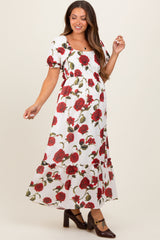 Cream Floral Square Neck Short Puff Sleeve Maternity Midi Dress