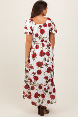 Cream Floral Square Neck Short Puff Sleeve Maternity Midi Dress