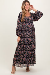 Black Floral Square Neck Front Tie Maternity Midi Dress