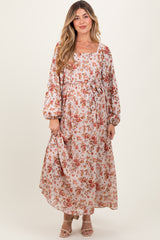 Cream Floral Square Neck Front Tie Maternity Midi Dress