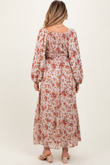 Cream Floral Square Neck Front Tie Maternity Midi Dress