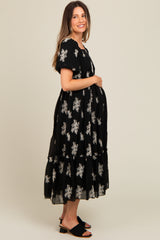 Black Floral Print Ruffle Hem Maternity Midi Dress