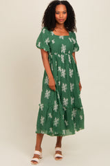 Green Floral Print Ruffle Hem Maternity Midi Dress