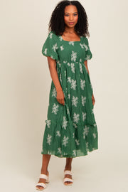 Green Floral Print Ruffle Hem Midi Dress